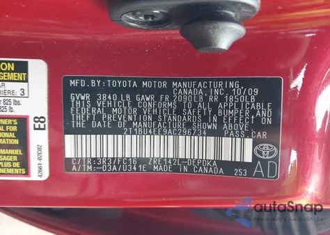 2010 Toyota Corolla Le из США, поврежденный, VIN 2T1BU4EE9AC296734